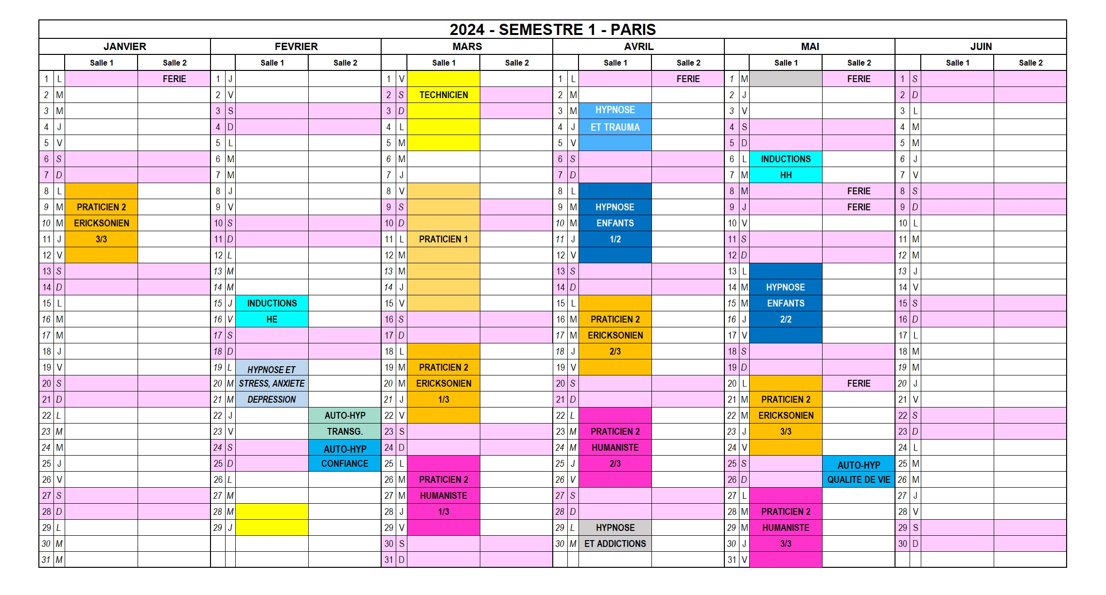 Calendrier - Institut Français d'Hypnose Humaniste & Hypnose