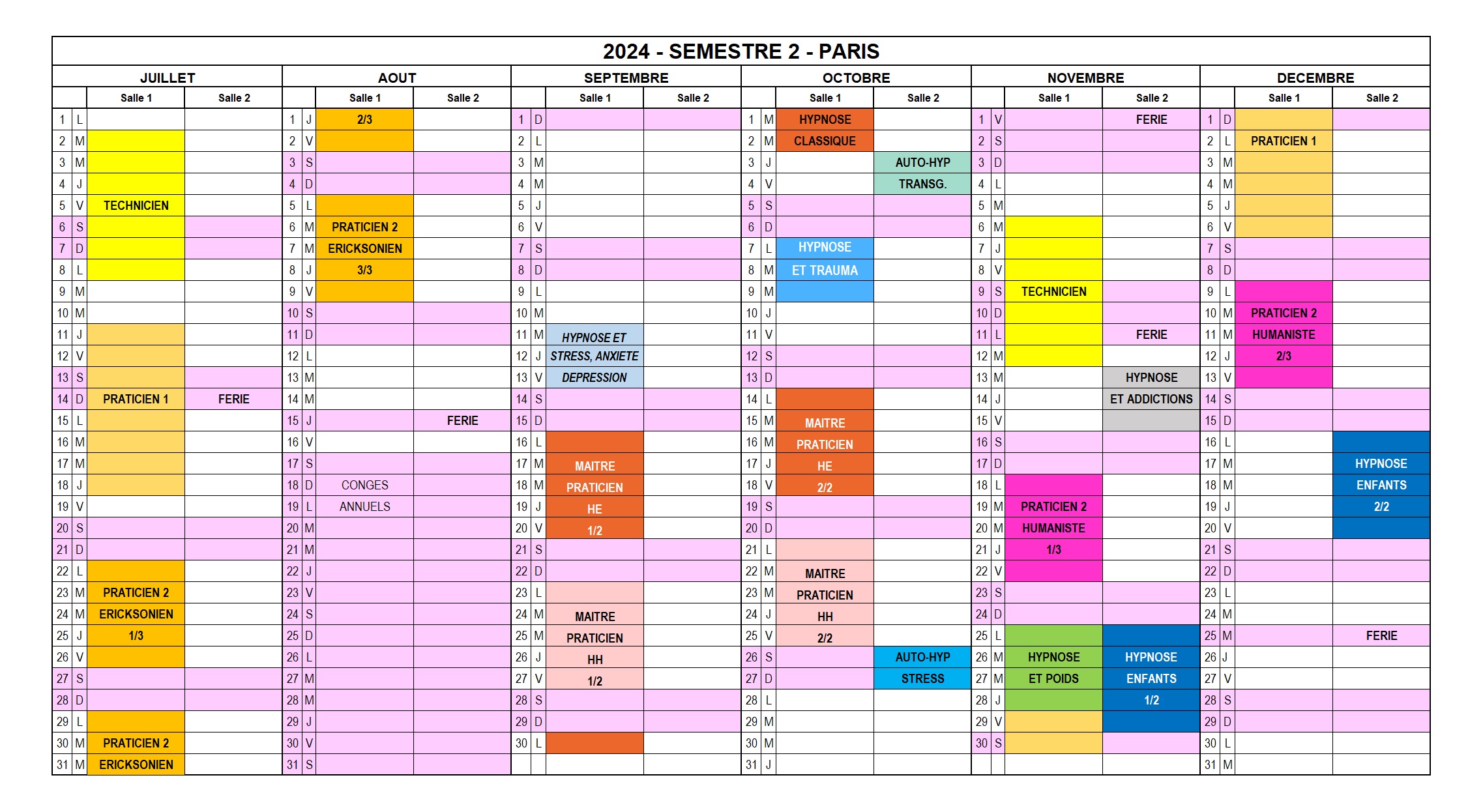 Calendrier - Institut Français d'Hypnose Humaniste & Hypnose